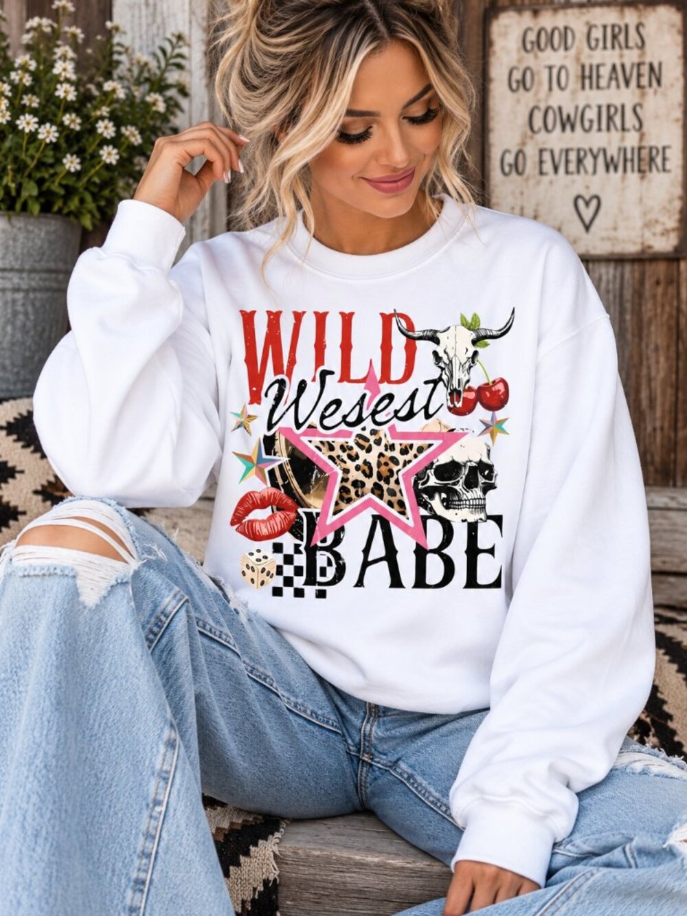 Wild West Babe Western Womens Custom White Crewneck Graphic Sweatshirt Tops